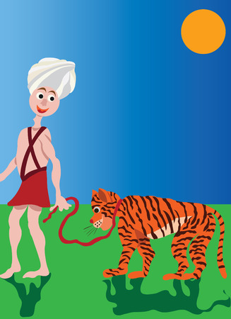 A Bengali man pulling a pet tigerのイラスト素材