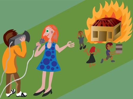 A journalist reporting on a burning houseのイラスト素材
