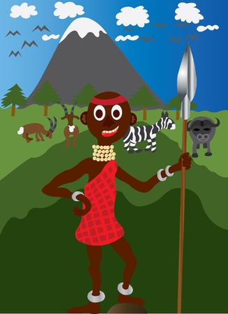 A Maasai warrior holding his spear in an open Savannahのイラスト素材