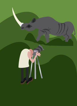 A wildlife photographer taking snap of a rhinoのイラスト素材