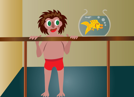 kid looking at a gold fishのイラスト素材