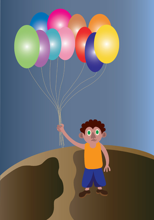 kid holding up balloons for his birthdayのイラスト素材