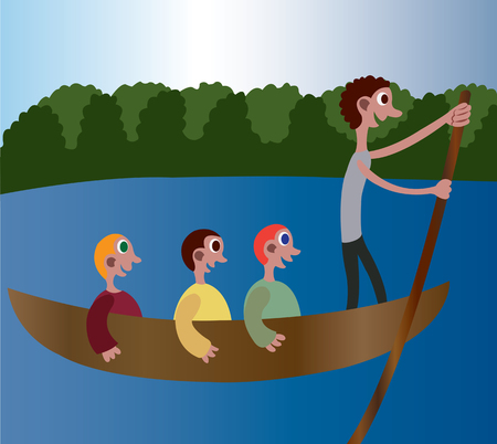 A bunch of tourists being canoed across a river.のイラスト素材