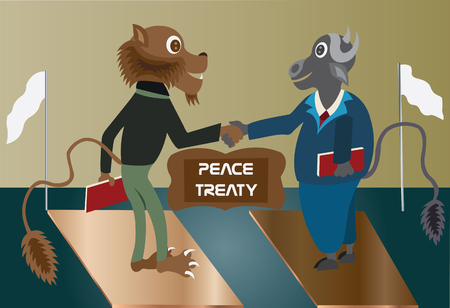 A lion and a buffalo sighing a peace treaty,のイラスト素材