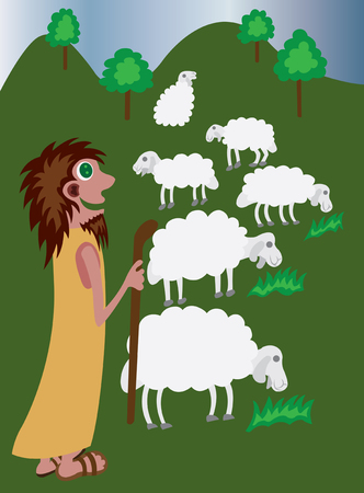 A shepherd herding his ship in the country side,のイラスト素材