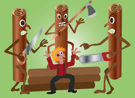 a lumberman being attacked by the logs of wood he had cut,のイラスト素材