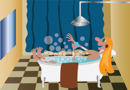 A girl taking shower in a bathtub.のイラスト素材