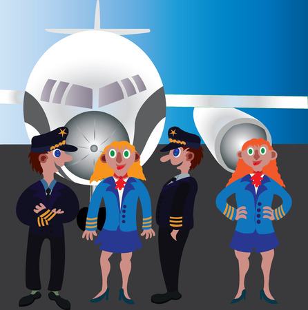Aircraft crew standing next to a passenger plane.のイラスト素材