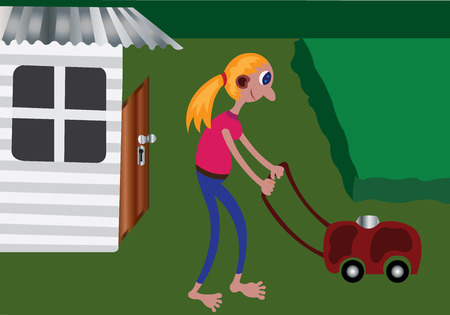 Girl doing lawn mowing.のイラスト素材