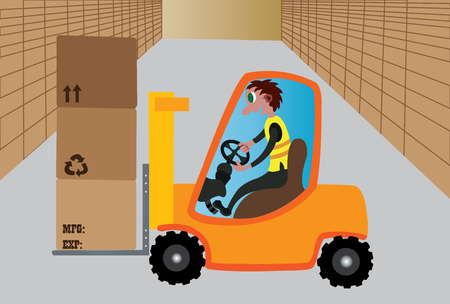 Workers arranging cartons in a factory using Forkliftのイラスト素材