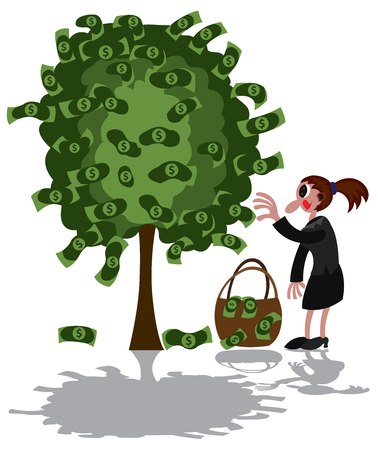 A lady picks money growing from a treeのイラスト素材