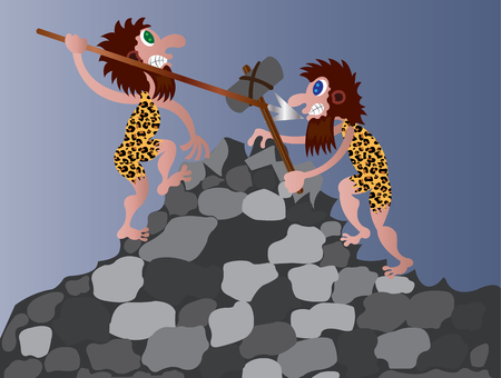 two cave men fight one another using primitive toolsのイラスト素材