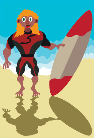 a surfer stands besides his surfboard on a beachのイラスト素材