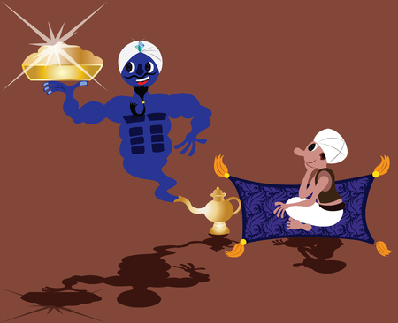 A guy sits waiting for a genie to grant him his wishのイラスト素材