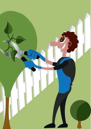 a gardener pruning his fenceのイラスト素材