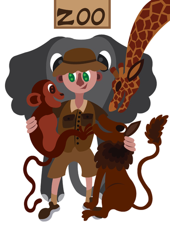 A Zookeeper with his animalsのイラスト素材