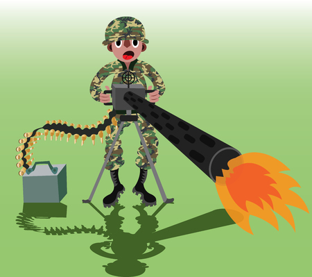 A soldier fiercely fires a machine gun,のイラスト素材