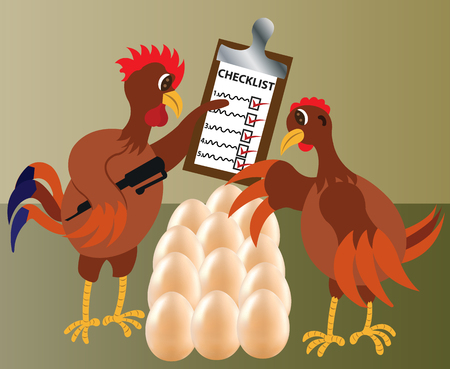 two chicken check their eggs to confirm they are all present,のイラスト素材