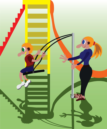 a kid playing the swing with its mama in the playgroundのイラスト素材