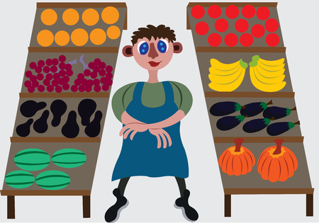A fruit vendor stands next to his fruitsのイラスト素材