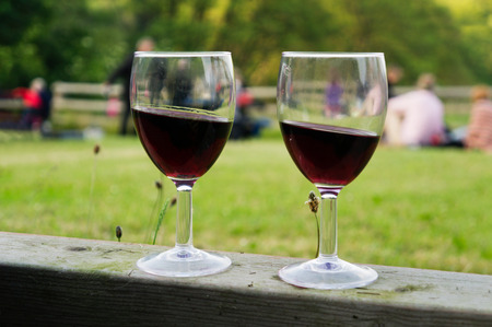 Two glasses of red wine  on a tilted wooden beamの写真素材