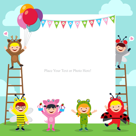 birthday card template with kids in animal costumeのイラスト素材