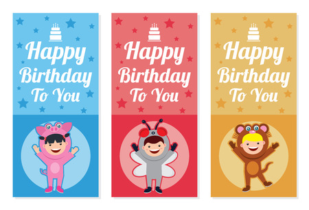 Birthday banner set with kids in animal costumeのイラスト素材