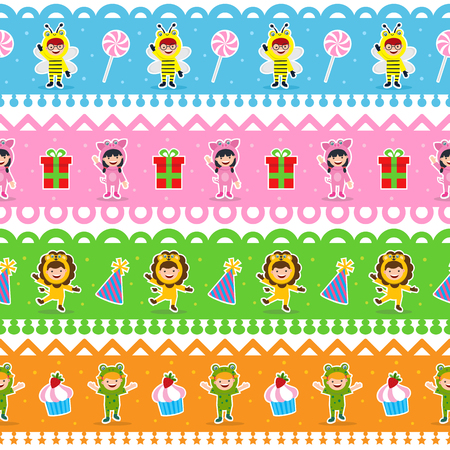 birthday card  with kids in animal costume seamlessのイラスト素材