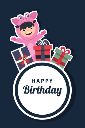 birthday card template with kids in pig costumeのイラスト素材