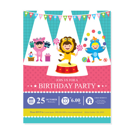 birthday card invitation with kids in circus costumeのイラスト素材