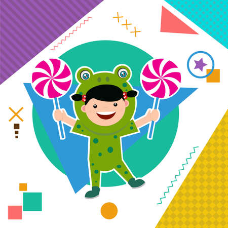 birthday card with kids in frog costumeのイラスト素材