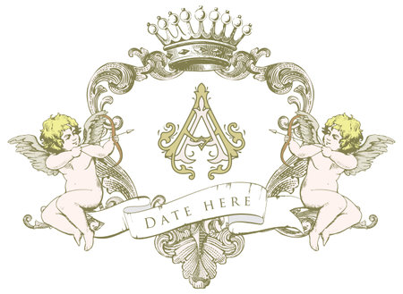 AA Classic Monogram with Baroque Ornament & Cupid for Wedding Invitationのイラスト素材