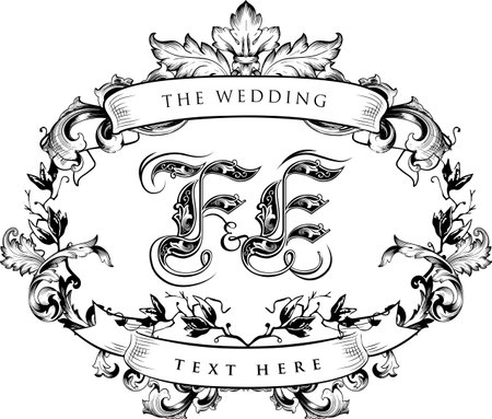 FE Monogram with Floral Natural Ornament for wedding invitationのイラスト素材