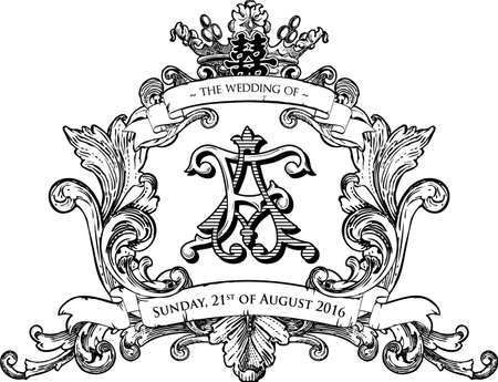 AF Monogram with Baroque Frame Pattern & Shuang Xi in Vectorのイラスト素材