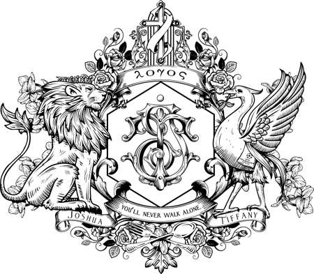 JT Classic Monogram with Lion & Phoenix in baroque ornament vectorのイラスト素材