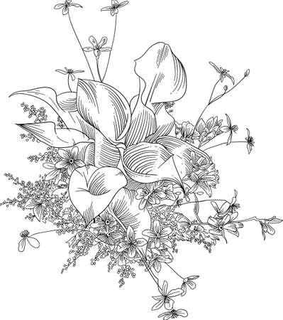 Lily Flower with Baby Breath Hand Bouquet Hand Drawn Isolatedのイラスト素材