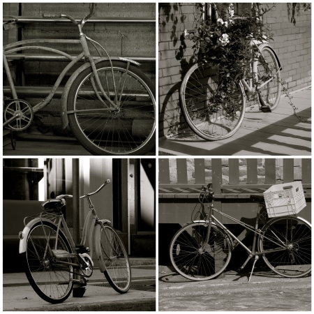 Collage of various images of old bicyclesの写真素材