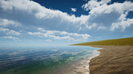 3D rendering. Natural environment of a green island with no trees. Background to illustrate sustainable development goals, and ecosystem protection.の写真素材