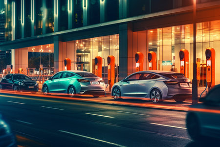 A Modern Electric Cars in Urban Landscape - Eco-Friendly Transportation Conceptの素材