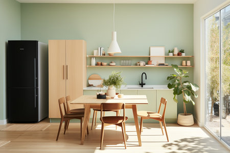 A Serene Kitchen Oasis: Sage Green Wall & Wooden Accents in Soft Natural Lightの素材