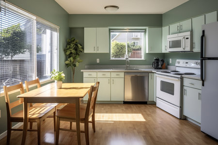 A Serene Kitchen Oasis: Sage Green Wall & Wooden Accents in Soft Natural Lightの素材