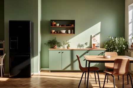 A Serene Kitchen Oasis: Sage Green Wall & Wooden Accents in Soft Natural Lightの素材