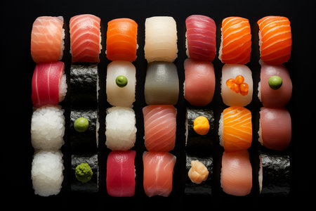 An Generative Ai: Minimalist Elegance of a Meticulously Arranged Sushi Platterの素材