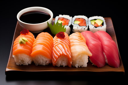 An Generative Ai: Minimalist Elegance of a Meticulously Arranged Sushi Platterの素材