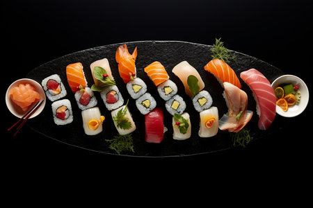 An Generative Ai: Minimalist Elegance of a Meticulously Arranged Sushi Platterの素材