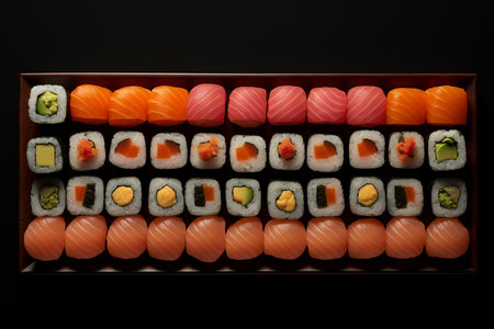 An Generative Ai: Minimalist Elegance of a Meticulously Arranged Sushi Platterの素材