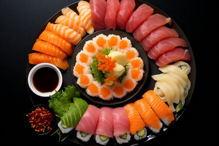 An Generative Ai: Minimalist Elegance of a Meticulously Arranged Sushi Platterの素材