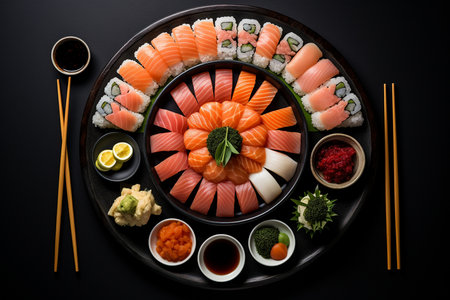An Generative Ai: Minimalist Elegance of a Meticulously Arranged Sushi Platterの素材