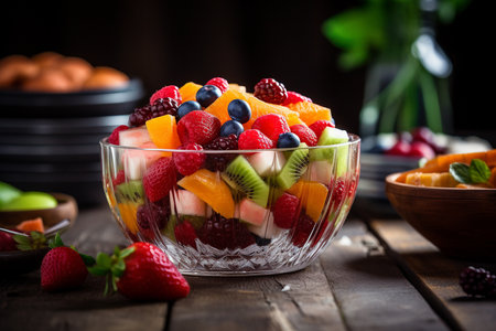 An Generative AI: Still Life Close-up Vibrant Image of Fresh Mixed Fruit Salad on a Rustic Tableの素材