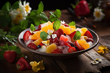 An Generative AI: Still Life Close-up Vibrant Image of Fresh Mixed Fruit Salad on a Rustic Tableの素材
